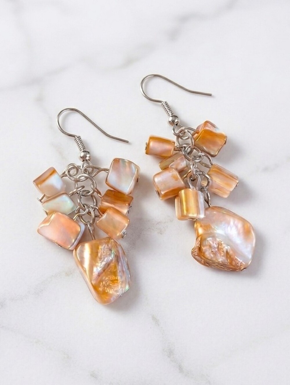 Shell Cluster Dangle Earrings  Champagne Color Organic Cascade Design